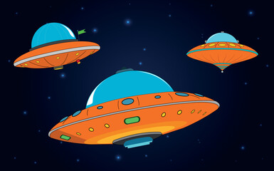 Naklejka premium UFO and flying plates in cosmos set. Collection of hand drawn spaceship of UFO flying in outer space isolated on transparent background. Illustration, vector cartoon.