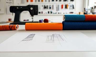 A sewing setup with colorful threads and a design sketch suggest a creative workspace.