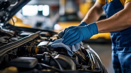 Obraz premium Mechanic cleaning car engine with cloth.