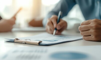 A businessman analyzes financial charts, using a pen to mark key insights during a team meeting.
