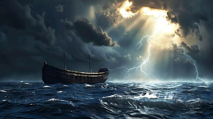 Noah’s Ark floating on stormy waters, with a bright ray of light breaking through the dark clouds