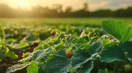 Vines and leaves of strawberry plants stretching towards the warm sunlight as morning dew evaporates from the soil in a lush green field at sunrise, dew, farm. Lush Vapor. Illustration