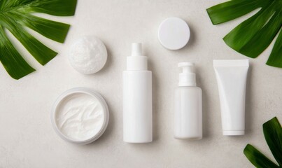 Elevated view of white cosmetic products with monstera leaves creating a natural and clean beauty scene.