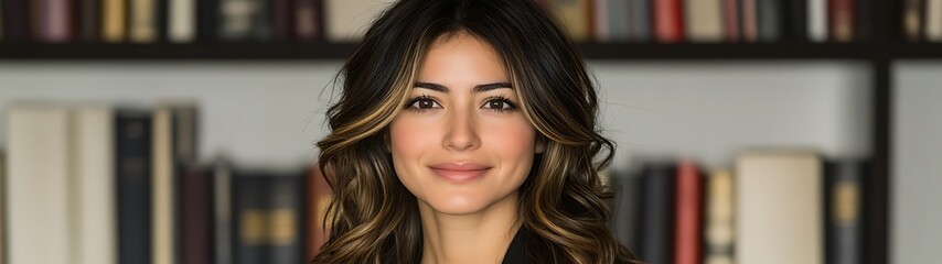Obraz premium Woman with long brown hair smiling in front of a bookshelf.