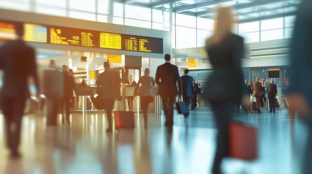 Busy Airport Terminal with Travelers and Flight Information Displays