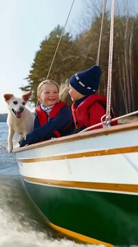Smiling, happy siblings, a girl and a boy in blue and red attire, sailing in a boat with their dog, having fun in the company of their pet during an outdoor summer vacation