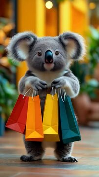 a cute koala wearing sunglasses and holding colorful shopping bags during the black friday season of offers and discounts