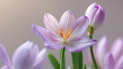 Fototapeta premium Delicate purple crocus flowers, striped petals, close-up, soft light