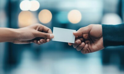 Close-up of two hands exchanging a blank business card in a modern office setting.