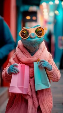 a cute chameleon wearing sunglasses and holding shopping bags during the black friday season of offers and discounts