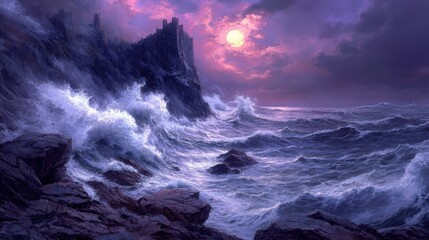 Obraz premium Dramatic seascape with a castle on the cliffs and stormy waves, night scene.