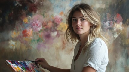 Blonde Woman in White Shirt Holding Brush in Front of a Floral Painting Backdrop