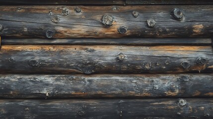 Fototapeta premium Abandoned cabin wooden wall, cracked logs, faded color, and a rough texture