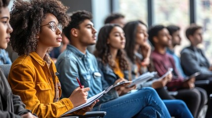 Diverse Students Engaged in Classroom Lecture Taking Notes and Listening Attentively