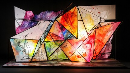 Vibrant abstract geometric watercolor art installation with bold color splashes