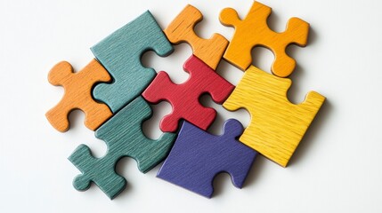 Obraz premium Colorful wooden jigsaw puzzle pieces on white background, some connected, some separate, representing teamwork, problem-solving, or strategy.
