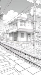 Fototapeta premium Suburban Train Station Sketch.