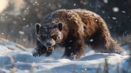 Obraz premium A fierce animal appears to be running through the snowy landscape