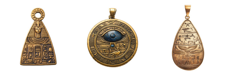 Ancient Egyptian Jewelry Pendants with Symbolic Designs Isolated on a Transparent Background