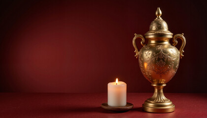 Elegant urn and lit candle against a dark red background  