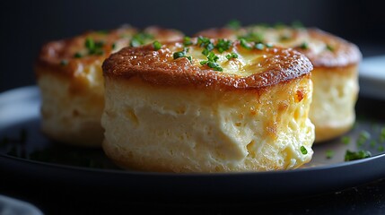 Delicious golden baked cheese souffle egg bites topped with fresh chives served on a dark plate Perfect for breakfast or brunch