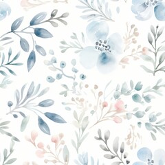Delicate floral watercolor pattern with blue and pink leaves. Seamless botanical design for wallpaper, textile, or stationery. Gentle pastel nature motif for nursery or home decor.