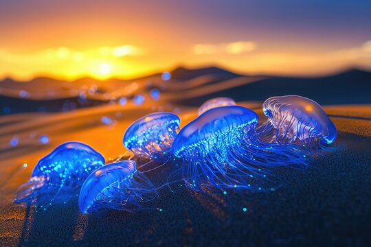 Glowing blue jellyfish rest on a sandy landscape, bathed in the warm light of a desert sunset, creating a surreal and dreamlike scene.