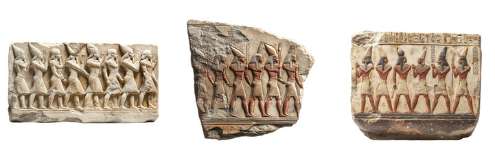 Ancient Egyptian Reliefs Depicting Scenes of Warfare and Victory Isolated on a Transparent Background