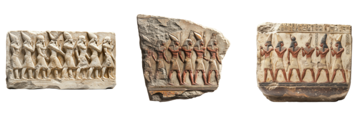 Ancient Egyptian Reliefs Depicting Scenes of Warfare and Victory Isolated on a Transparent Background