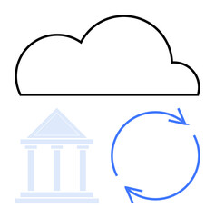 Cloud shape, classical building silhouette, circular arrows signify digital storage, institutional infrastructure, data workflow. Ideal for technology, government, process, storage finance renewal