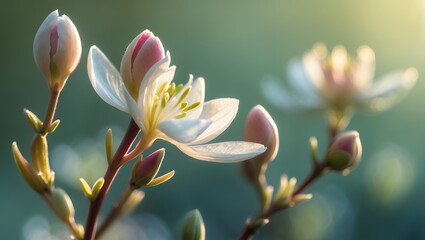 Delicate white & pink flower buds in soft sunlight, blooming
