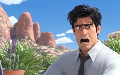 Shocked Man with Desert Office View.