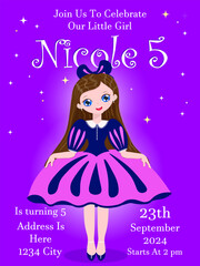 bright invitation for a girl's birthday with a princess in purple pink blue tones