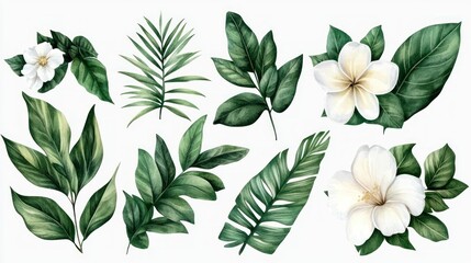 Watercolor Tropical Floral Collection: Elegant White Flowers and Lush Green Leaves