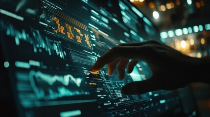 Digital Data Analysis: A Hand Interacting with Futuristic Interface