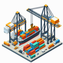 A large ship is docked at a port with a crane lifting containers