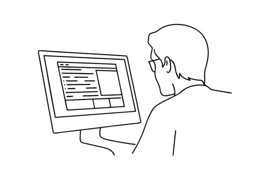 Man using computer, software development, line art, screen design, interface, programming