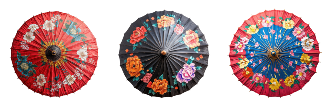Colorful Traditional Umbrellas with Floral Patterns Isolated on a Transparent Background