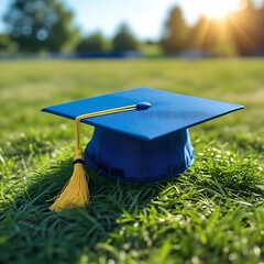 A graduation cap placed on grass, with a clear blue sky above, representing a moment
