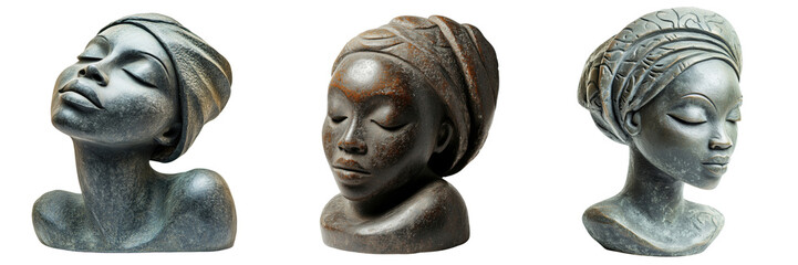 Fototapeta premium Elegant African Woman Busts in Artistic Stone Sculptures Isolated on a Transparent Background