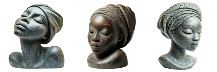 Elegant African Woman Busts in Artistic Stone Sculptures Isolated on a Transparent Background