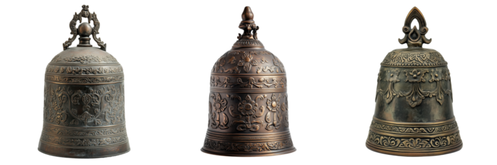 Set of Distinct Antique Decorative Bells with Elaborate Designs Isolated on a Transparent Background