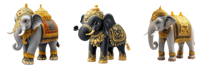 Decorative Elephants with Ornate Patterns Isolated on a Transparent Background