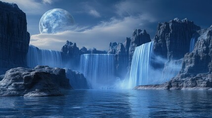 Fototapeta premium Illustration: Beautiful blue moonlit landscape with waterfalls and mountains.