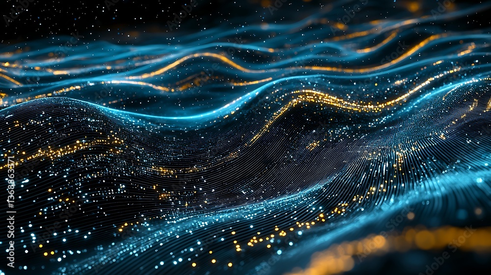 Poster abstract digital wave pattern with shimmering particles. a mesmerizing display of interwoven, flowin