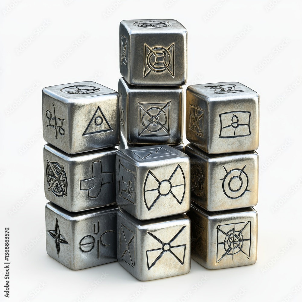 Poster a stack of metallic cubes with engraved symbols in a pyramid formation, against a clean white backgr