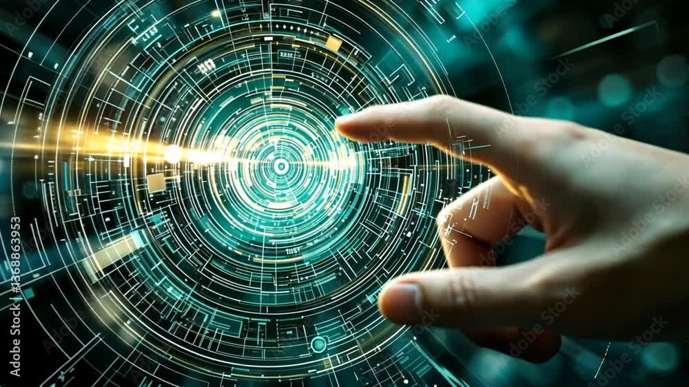 Poster exploring a futuristic digital interface with a pointing hand generative ai