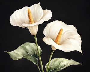 Two elegant white calla lilies on black background.