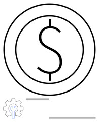 Encircled dollar sign, minimal lines, and gear element for innovation, monetary systems, fintech, investment strategies, and problem-solving narratives. Ideal for economic growth, business tools