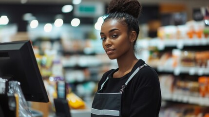 Close Up Portrait of a Young Woman Working as Cashier in Supermarket Wearing Apron